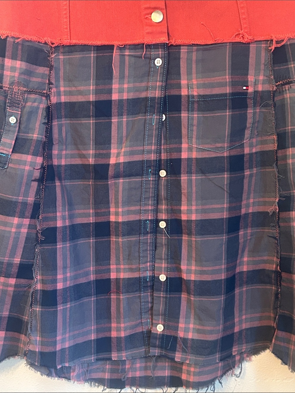 Upcycled coral denim and plaid button shirt skirt - Picture 3 of 8